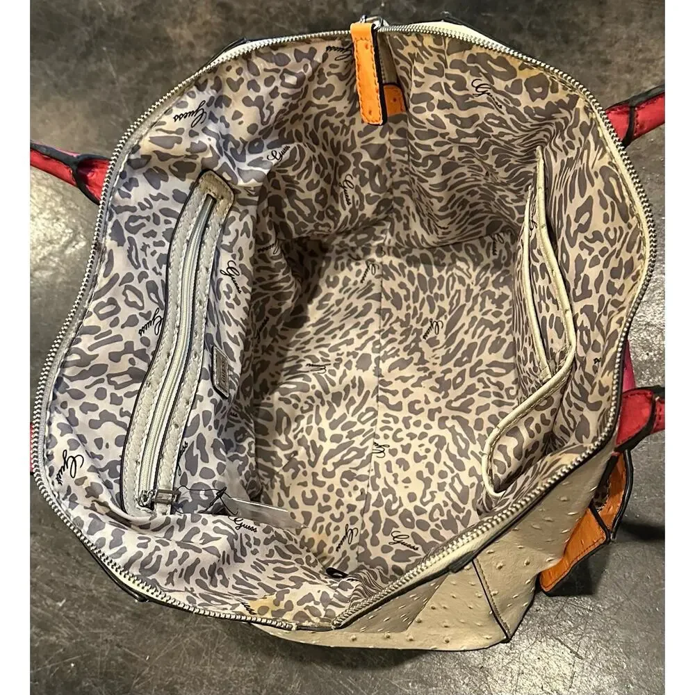 Guess Handbag, Shoulder Bag Faux Leather Ostrich Bone/Pink Orange With Wallet